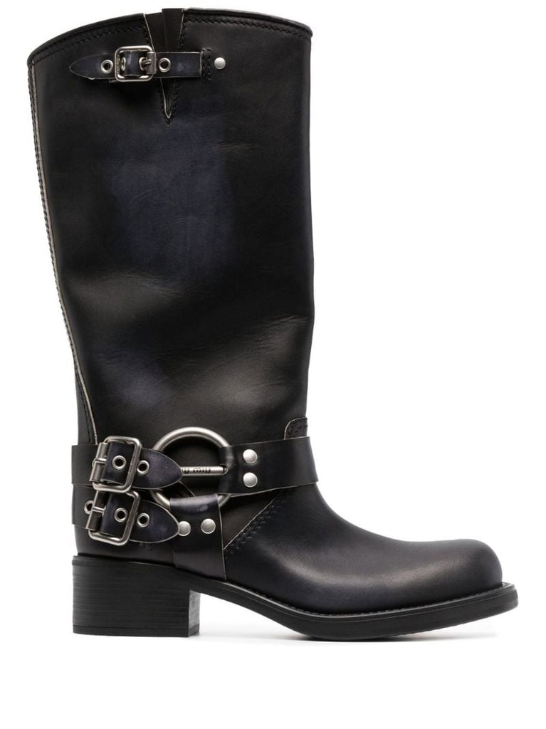 Black Buckle Detail 50 Knee-high Leather Boots