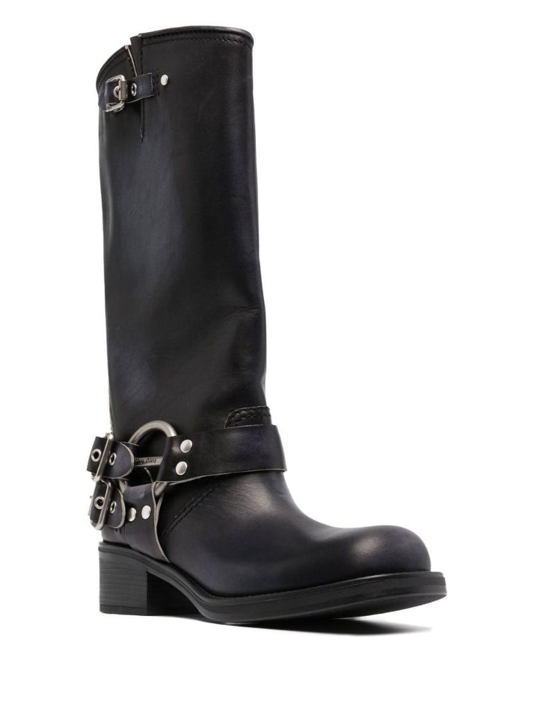 Black Buckle Detail 50 Knee-high Leather Boots