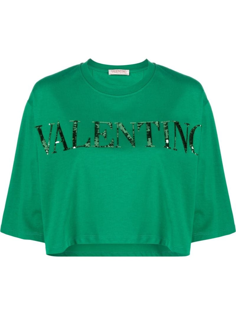 Green Sequin-embellished Crop Top