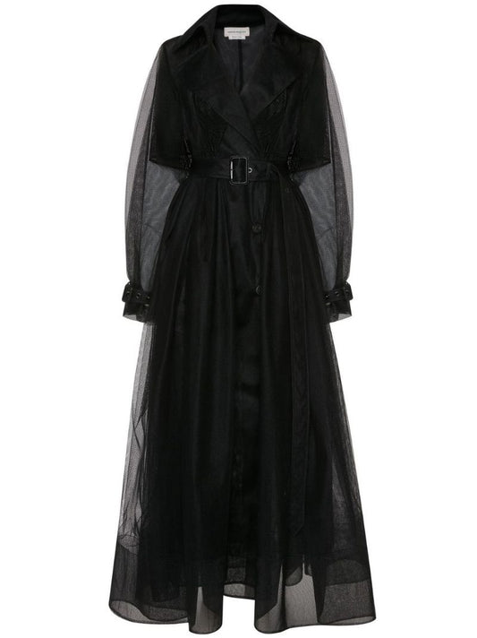 Black Explode Belted Tulle Trench Coat