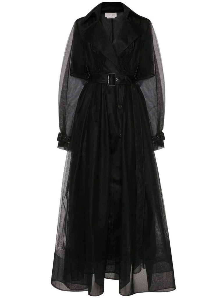 Black Explode Belted Tulle Trench Coat