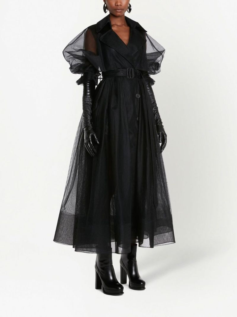 Black Explode Belted Tulle Trench Coat