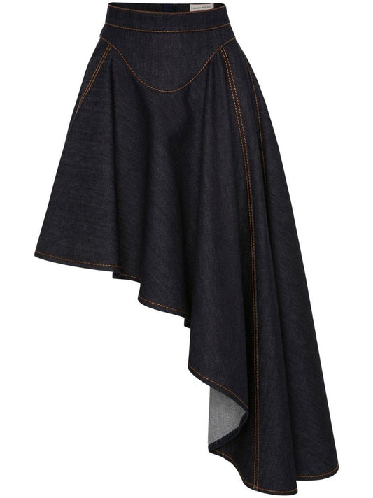 Black Asymmetric Draped Denim Skirt