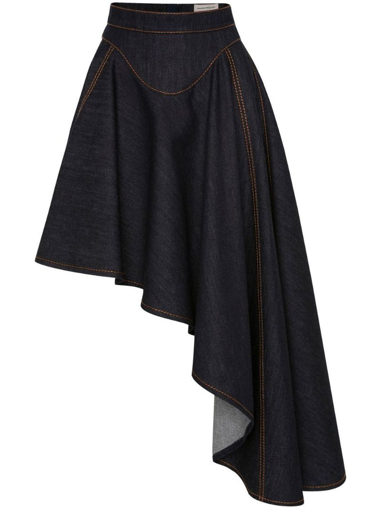 Black Asymmetric Draped Denim Skirt