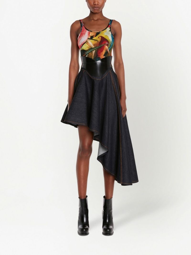 Black Asymmetric Draped Denim Skirt