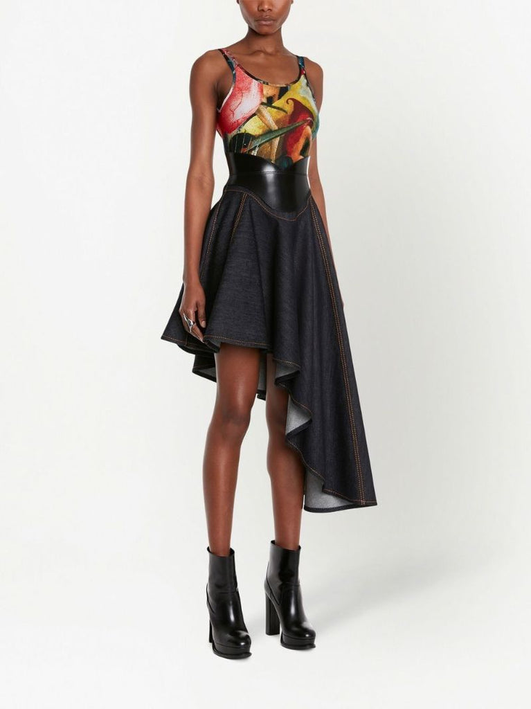 Black Asymmetric Draped Denim Skirt