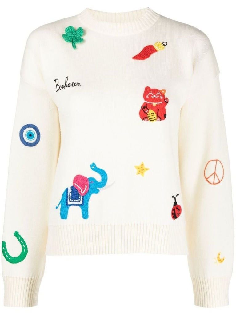 Neutral Lucky Charm-embroidered Jumper