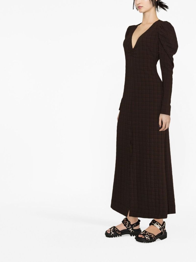 Brown Checked Seersucker Midi Dress
