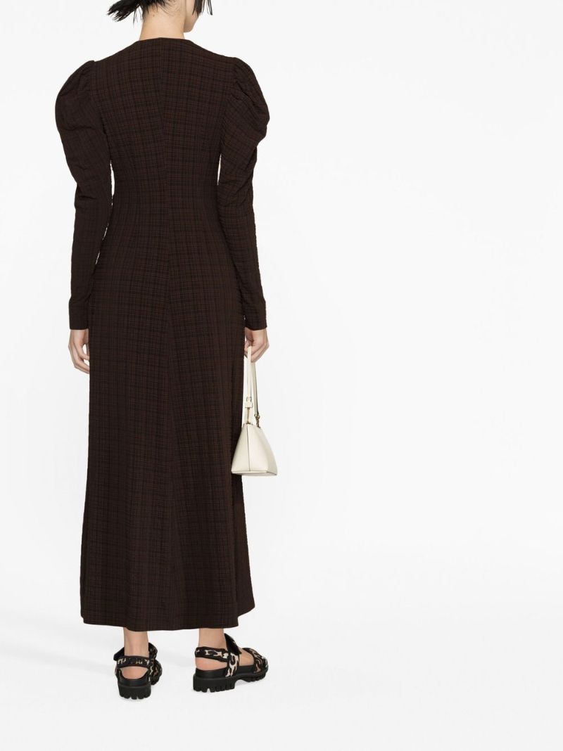 Brown Checked Seersucker Midi Dress