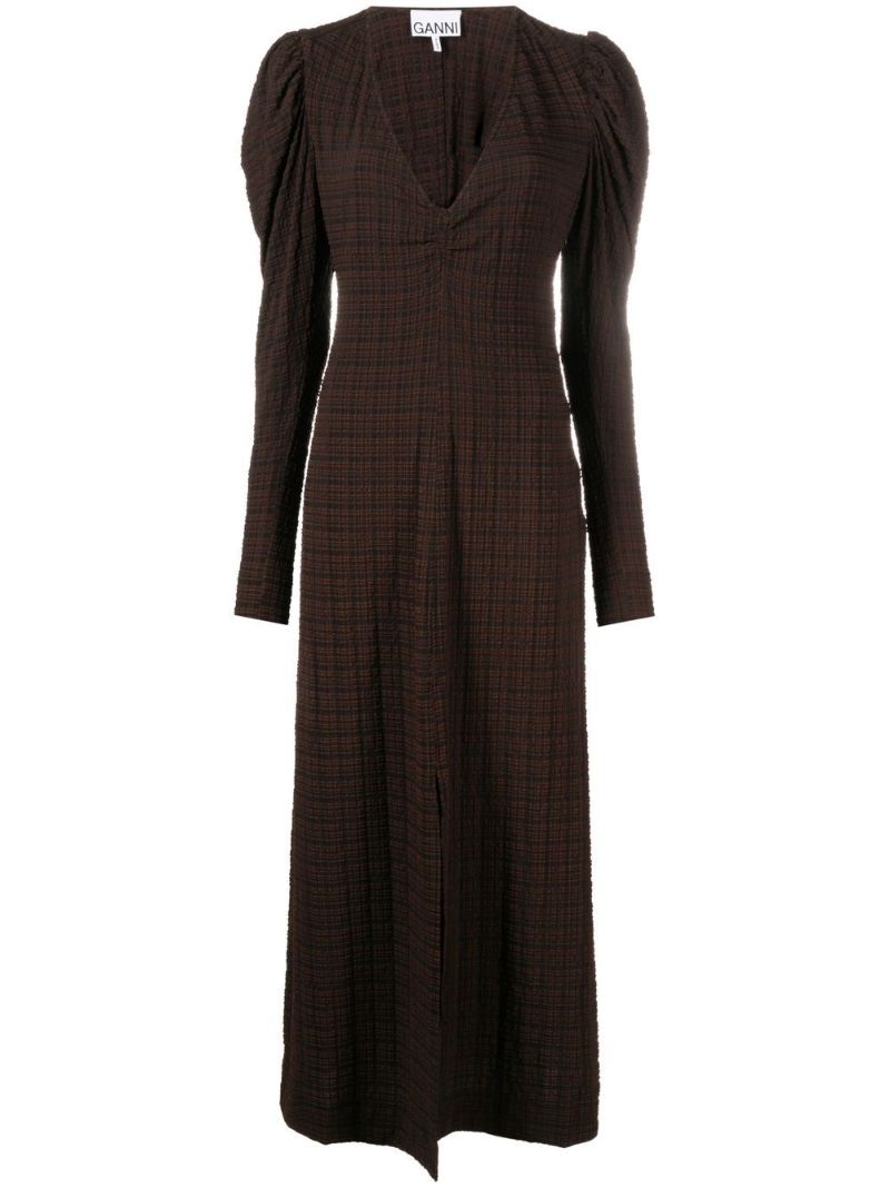 Brown Checked Seersucker Midi Dress