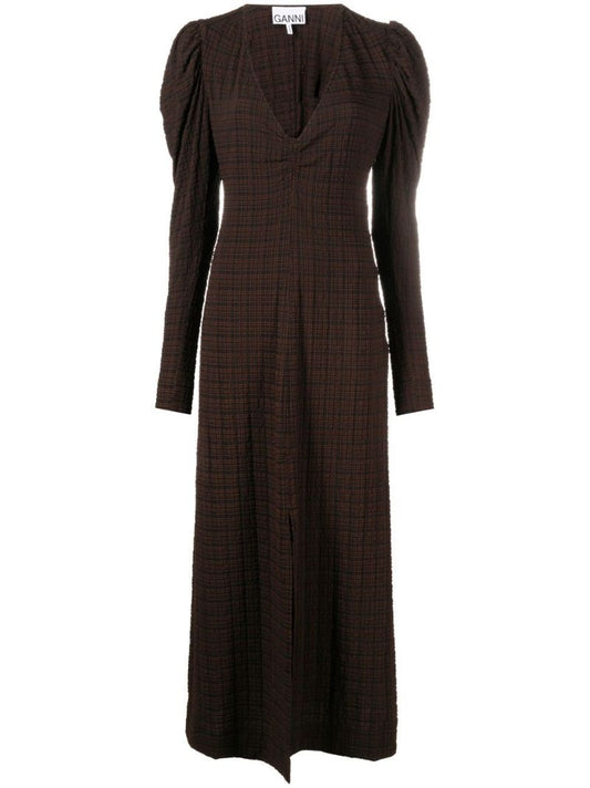 Brown Checked Seersucker Midi Dress