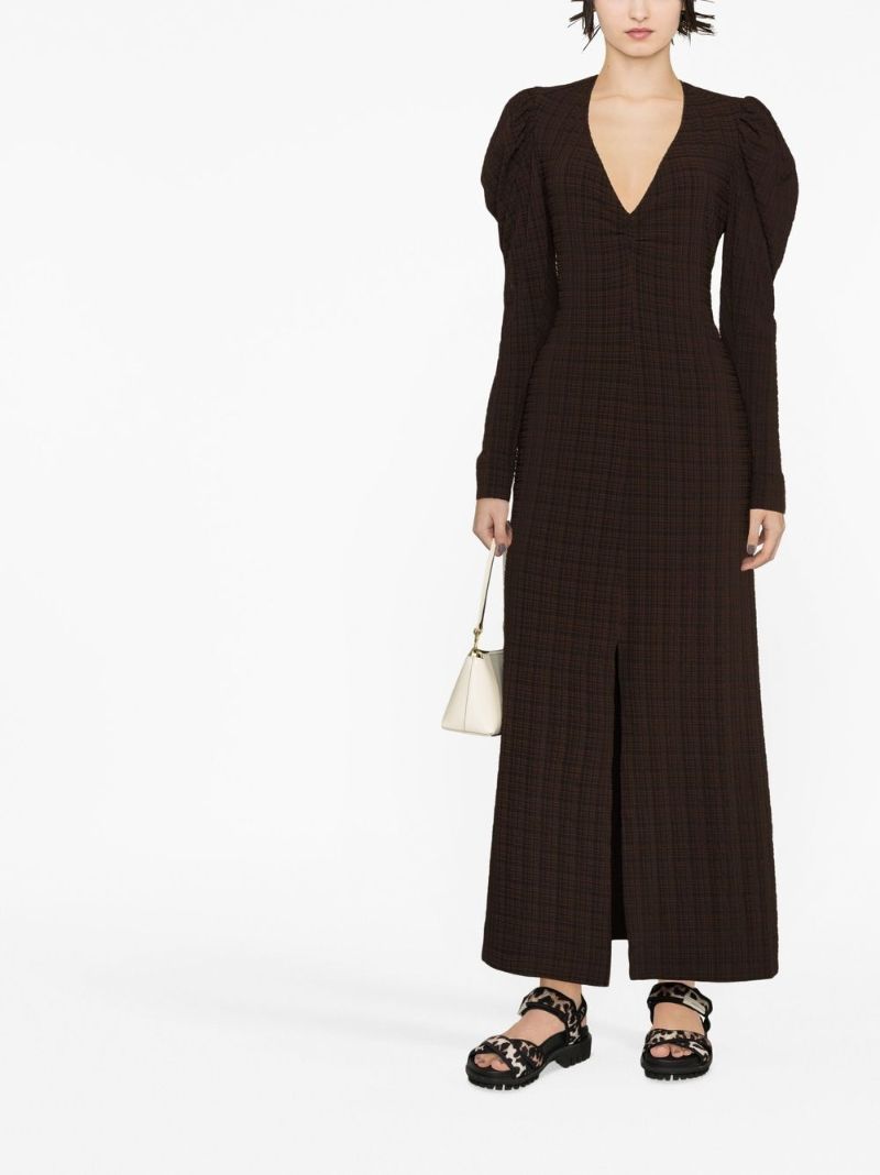 Brown Checked Seersucker Midi Dress