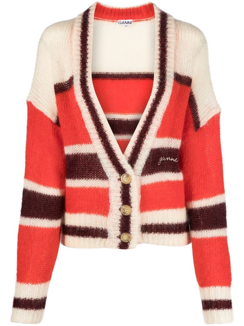 Red Striped V-neck Wool Cardigan