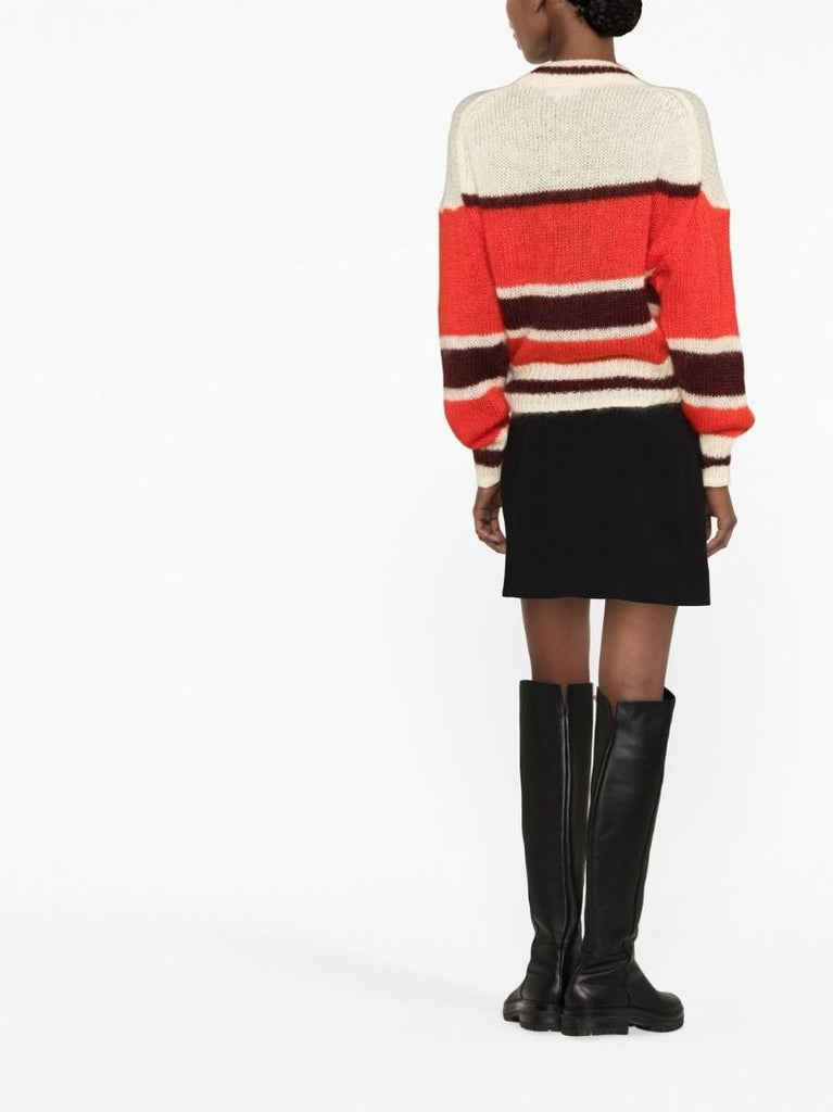 Red Striped V-neck Wool Cardigan