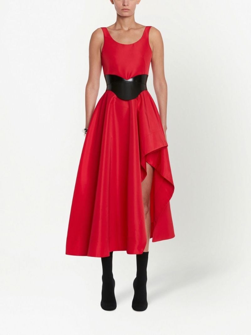 Red Asymmetric Drape Midi Dress