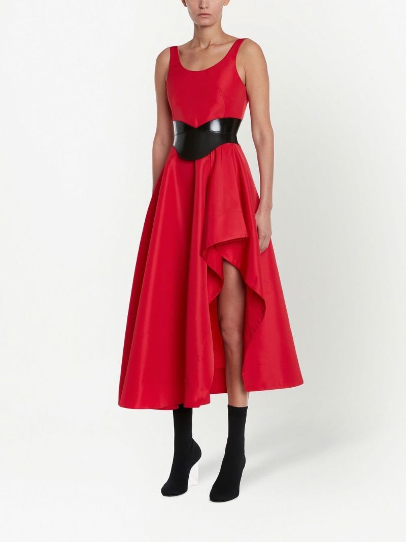 Red Asymmetric Drape Midi Dress