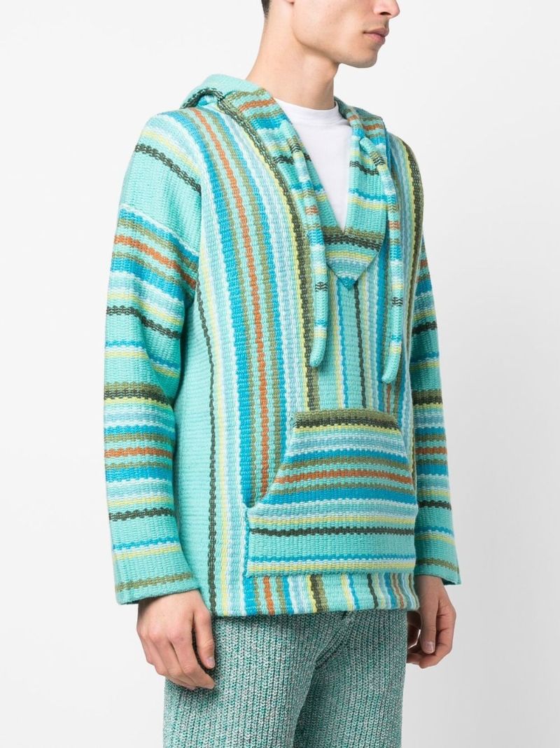 Blue Vertical Stripe Knitted Drawstring Hoodie