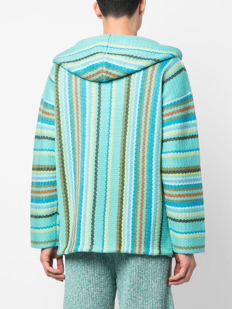 Blue Vertical Stripe Knitted Drawstring Hoodie