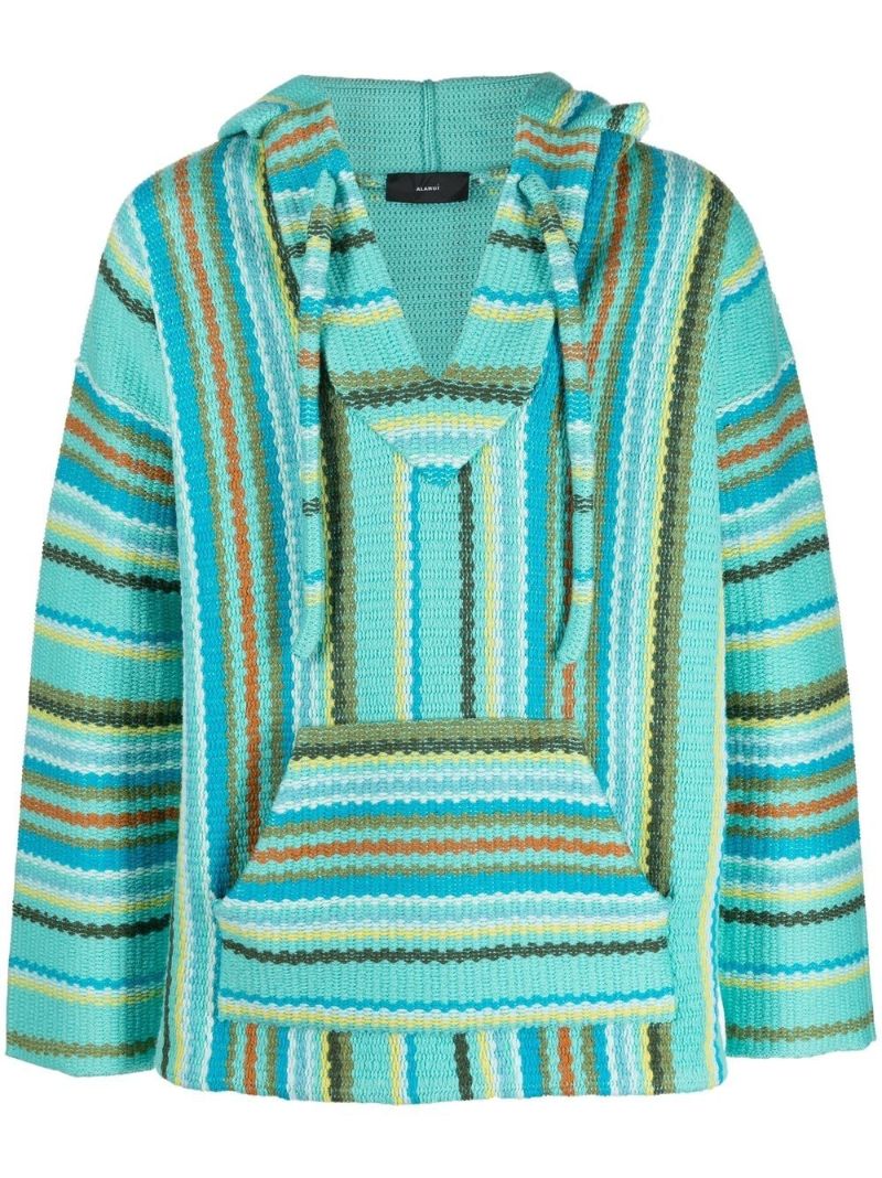 Blue Vertical Stripe Knitted Drawstring Hoodie