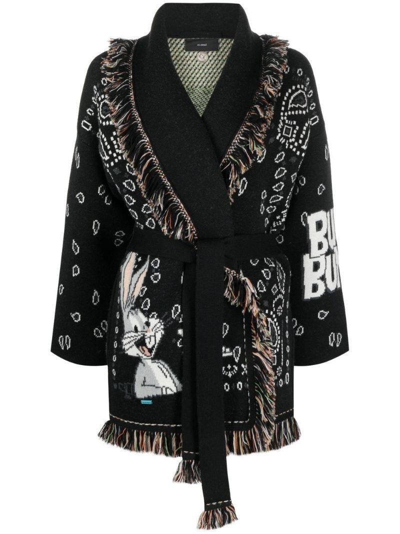 Black Intarsia Knit Graphic Print Cardigan
