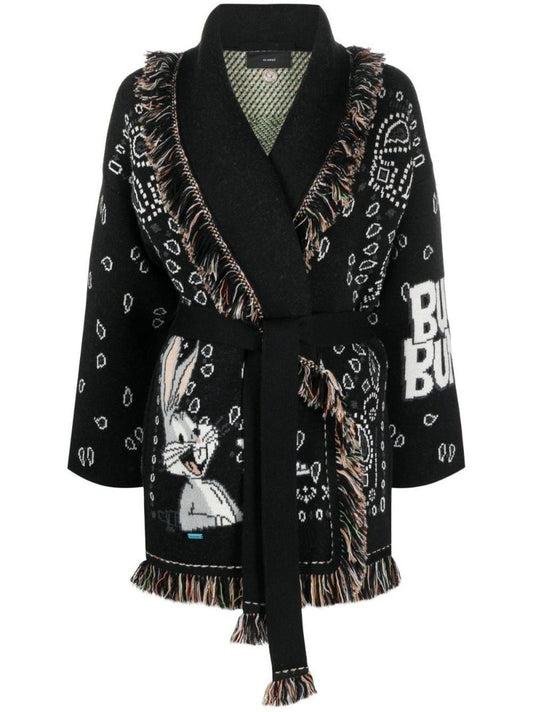 Black Intarsia Knit Graphic Print Cardigan