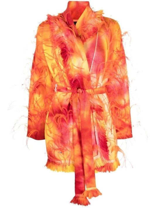 Yellow Sunset Feather-trim Wool Cardigan
