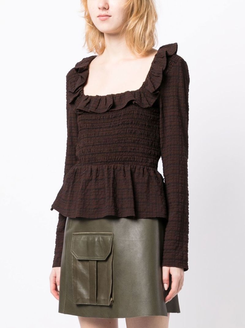 Brown Shirred Seersucker Blouse
