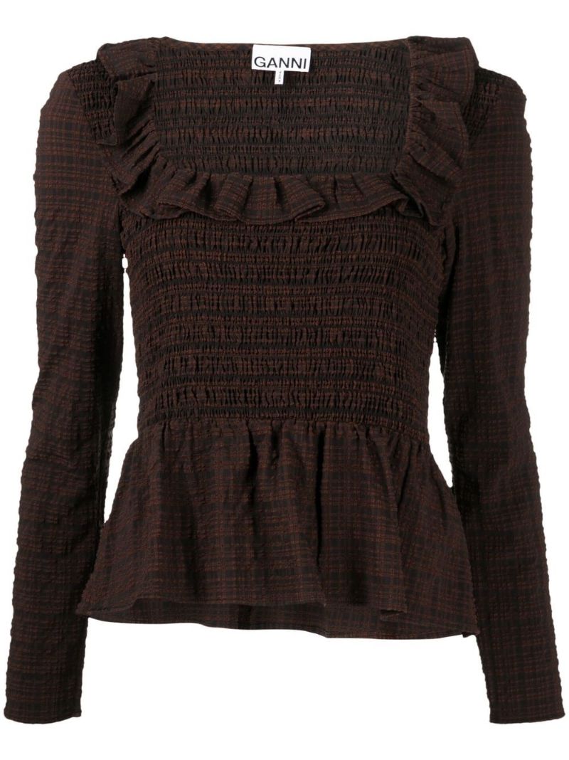 Brown Shirred Seersucker Blouse