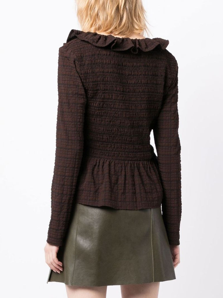Brown Shirred Seersucker Blouse
