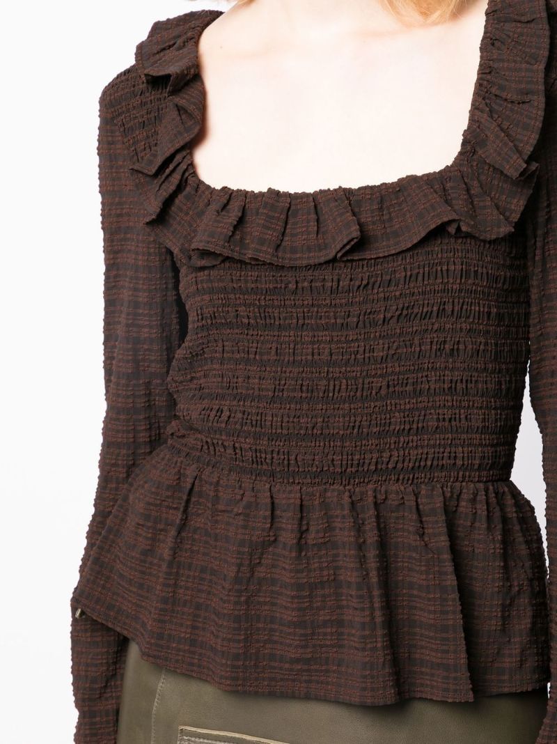 Brown Shirred Seersucker Blouse