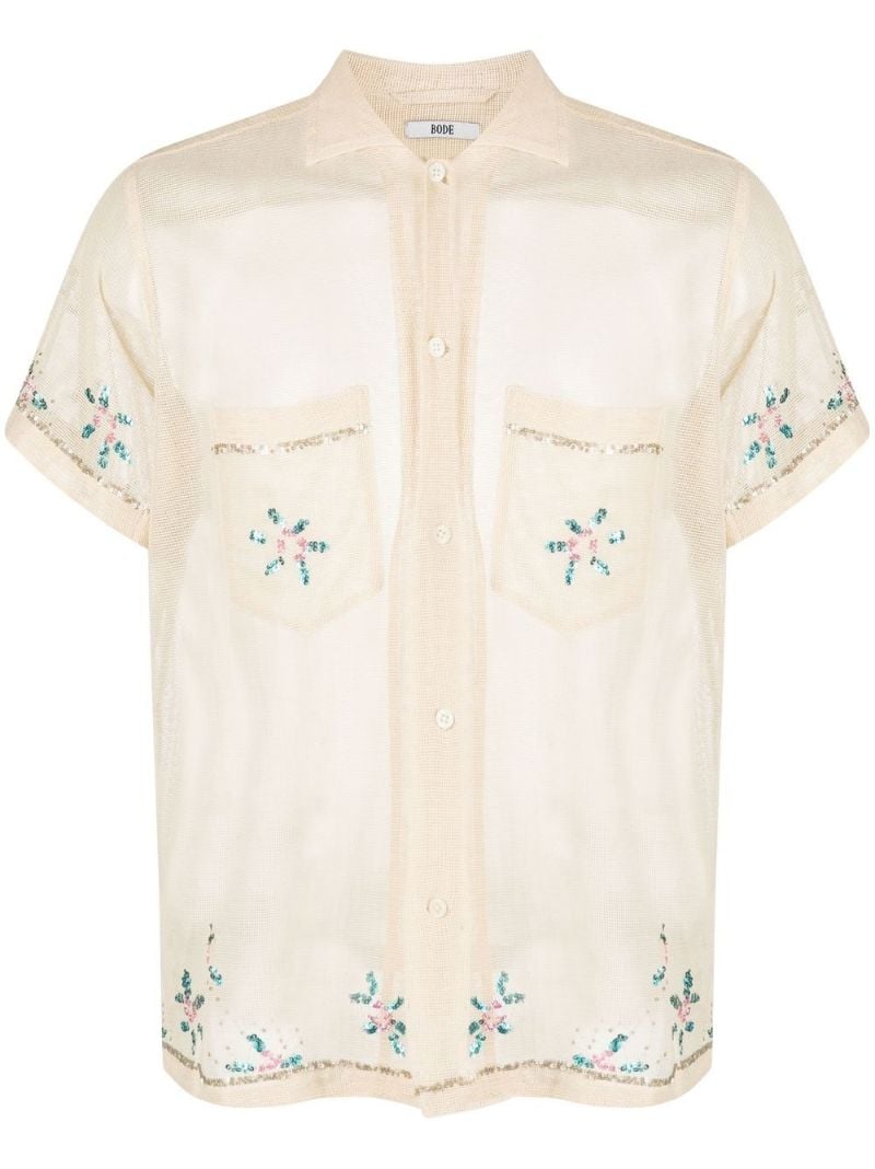 Neutral Floral Sequin Short Sleeve Shirt