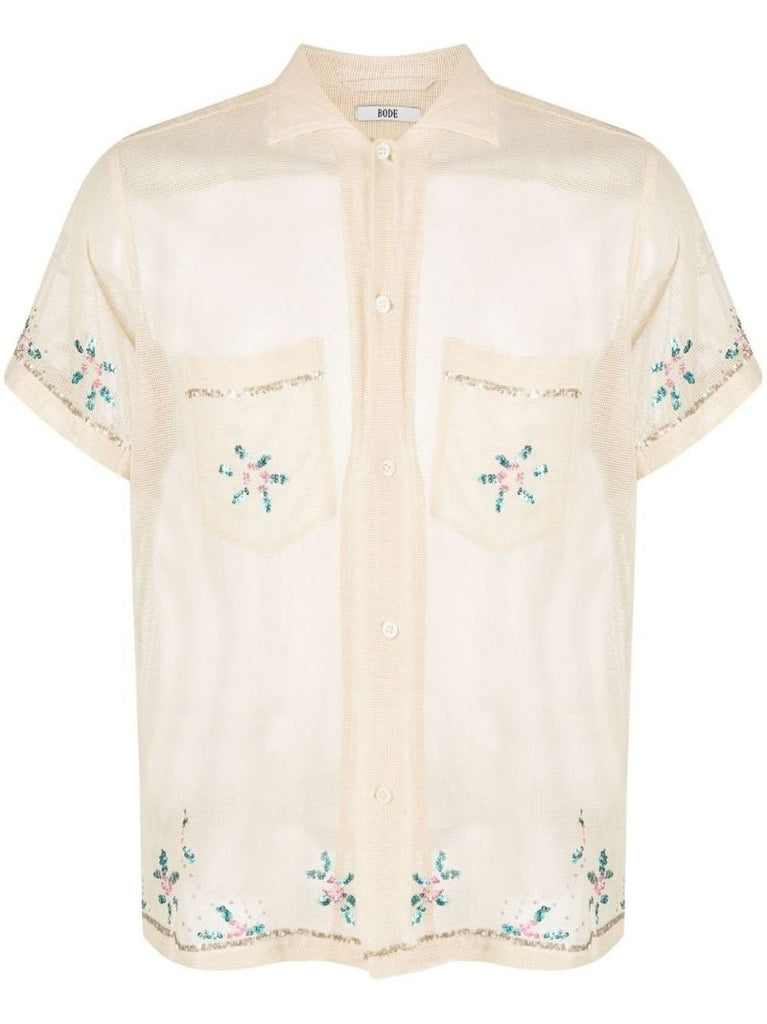 Neutral Floral Sequin Short Sleeve Shirt