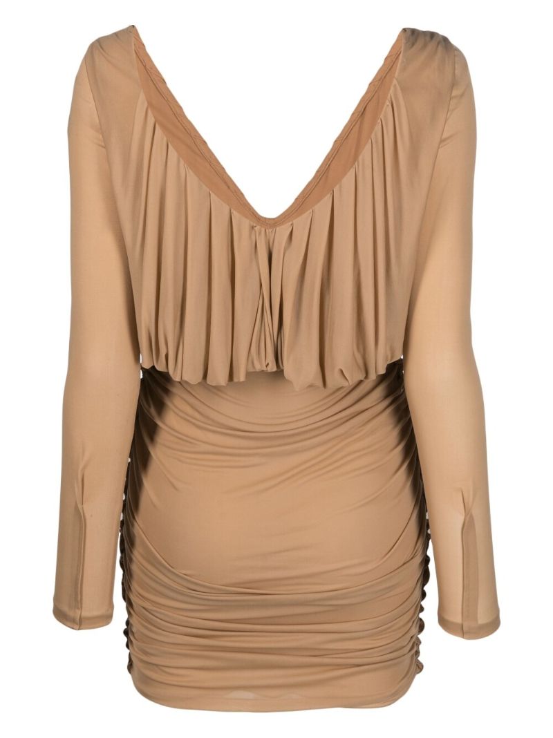 Neutral V-neck Ruched Mini Dress
