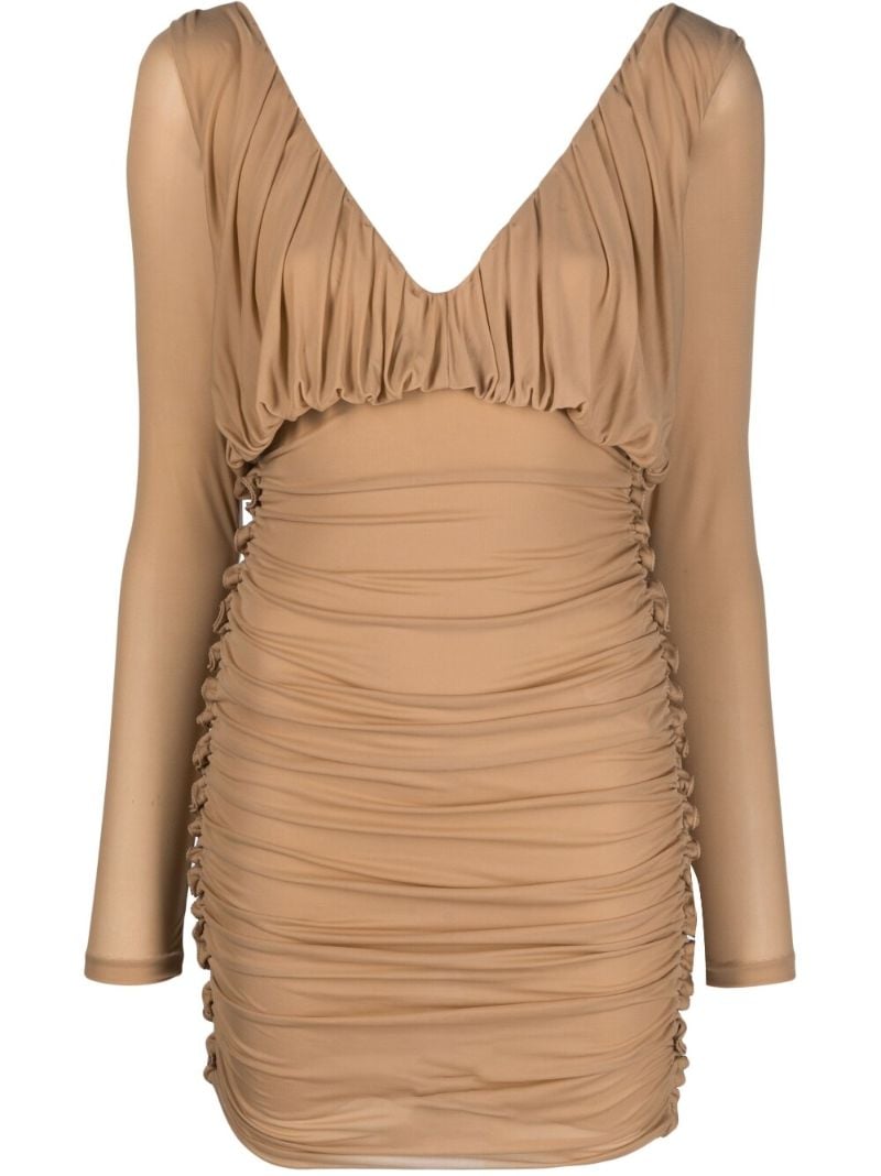 Neutral V-neck Ruched Mini Dress