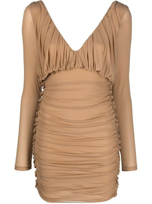 Neutral V-neck Ruched Mini Dress