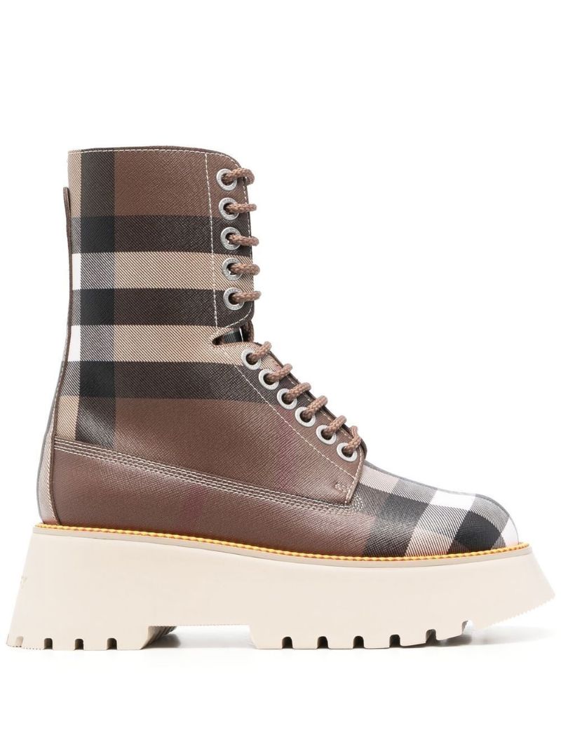 Brown House Check Flatform Faux Leather Boots
