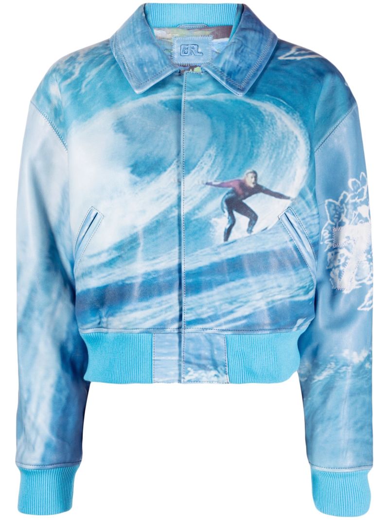 Blue Surf Graphic Print Bomber Jacket
