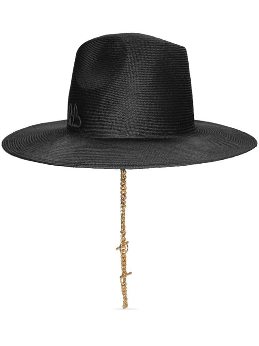 Black Chain-detail Straw Fedora Hat