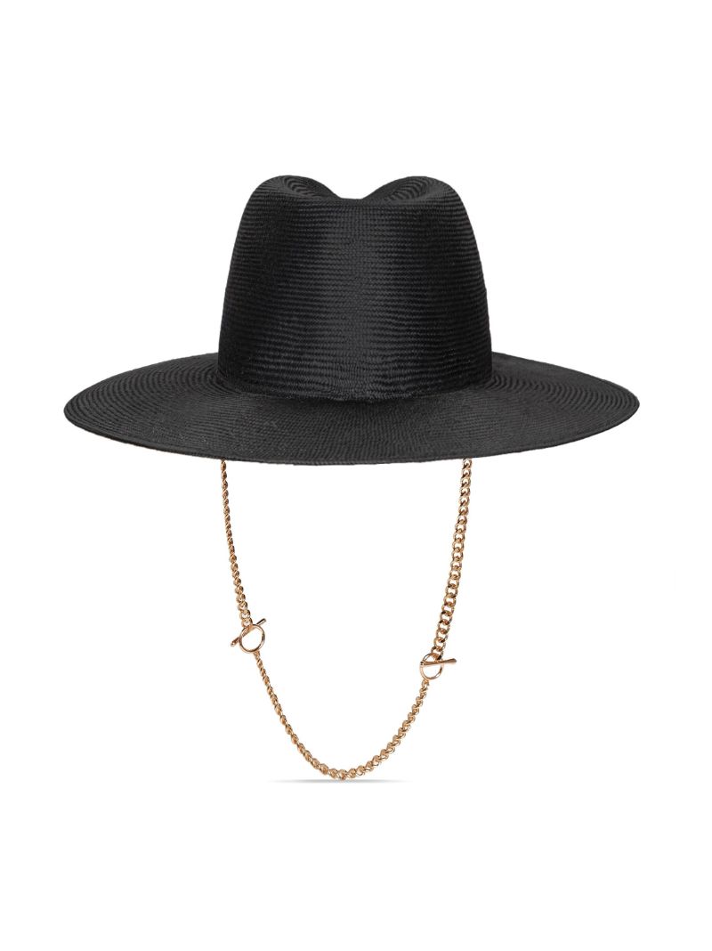 Black Chain-detail Straw Fedora Hat