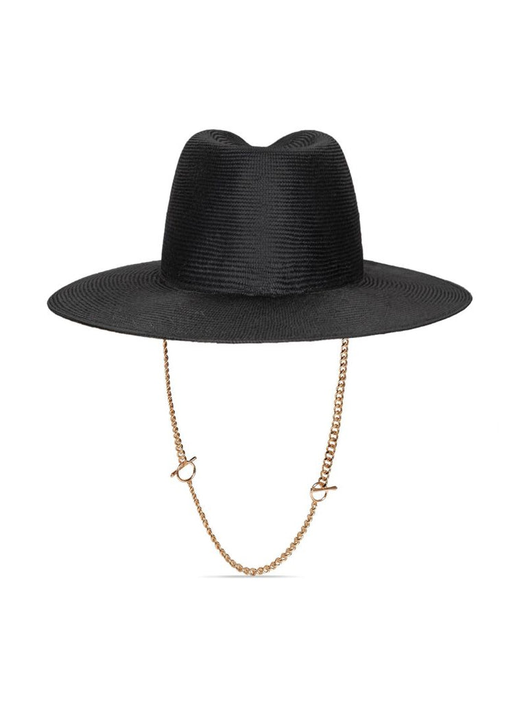 Black Chain-detail Straw Fedora Hat