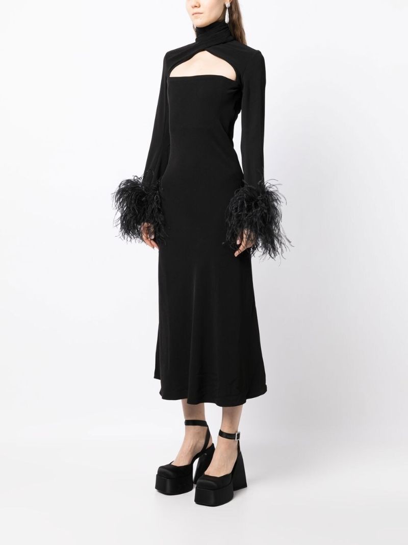 Black Odessa Feather-trim Midi Dress