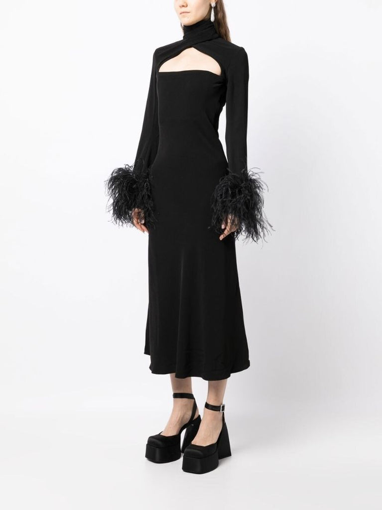 Black Odessa Feather-trim Midi Dress