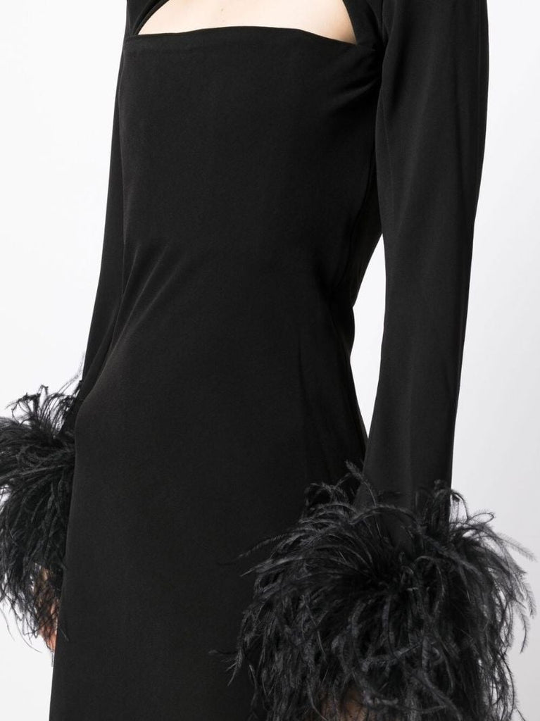 Black Odessa Feather-trim Midi Dress