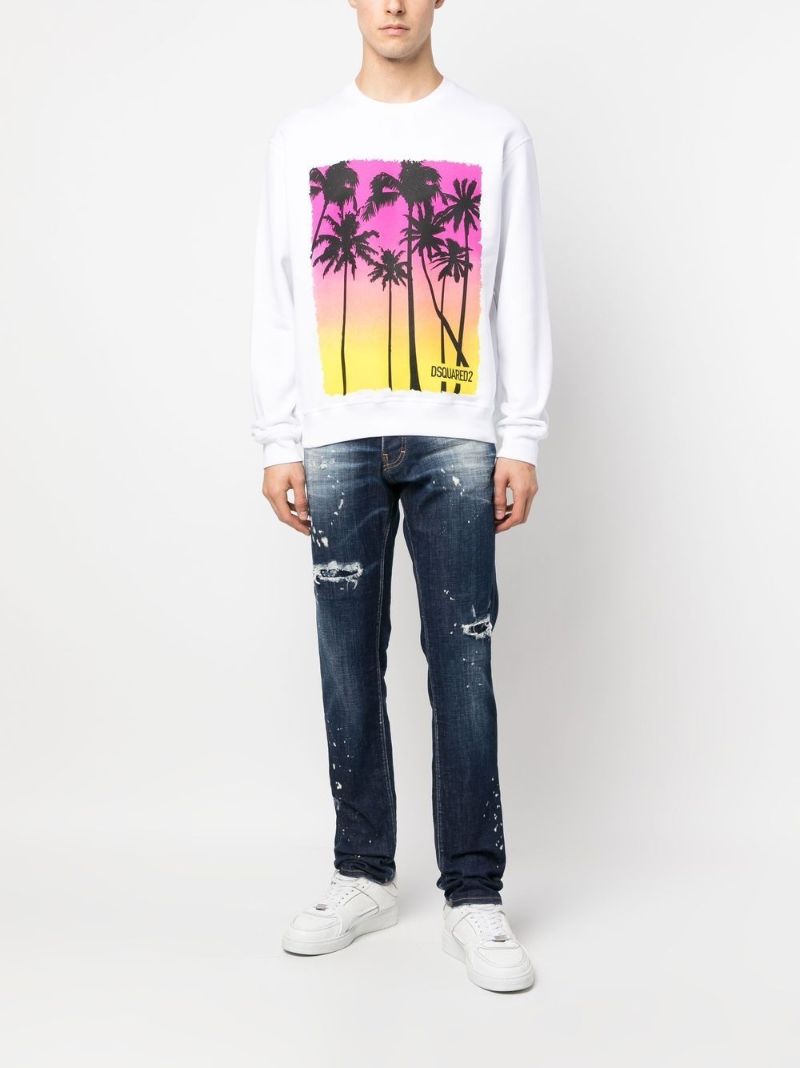 Blue Distressed-effect Straight-leg Jeans