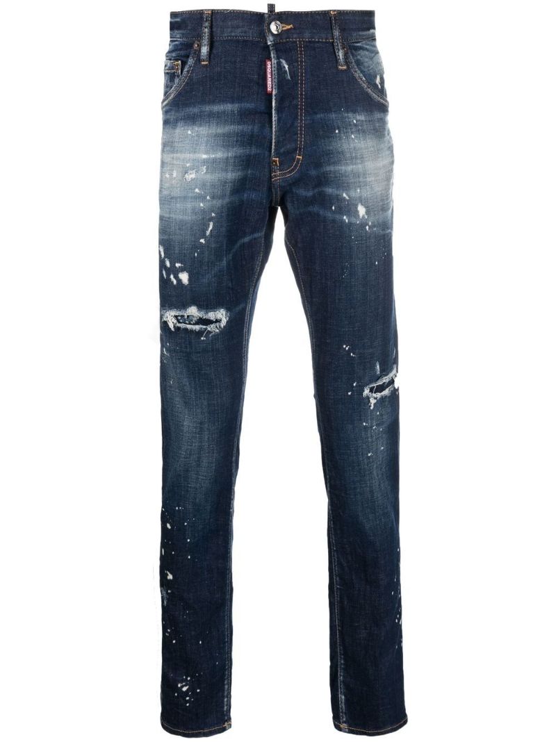 Blue Distressed-effect Straight-leg Jeans