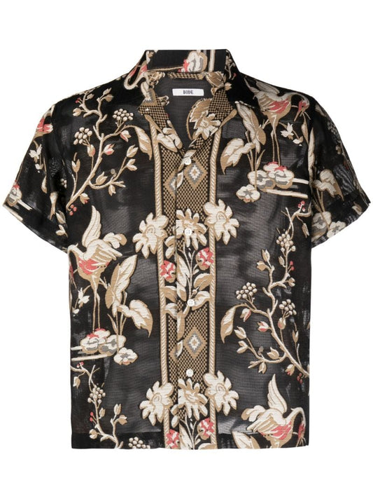 Black Botanical Pattern Semi-sheer Shirt