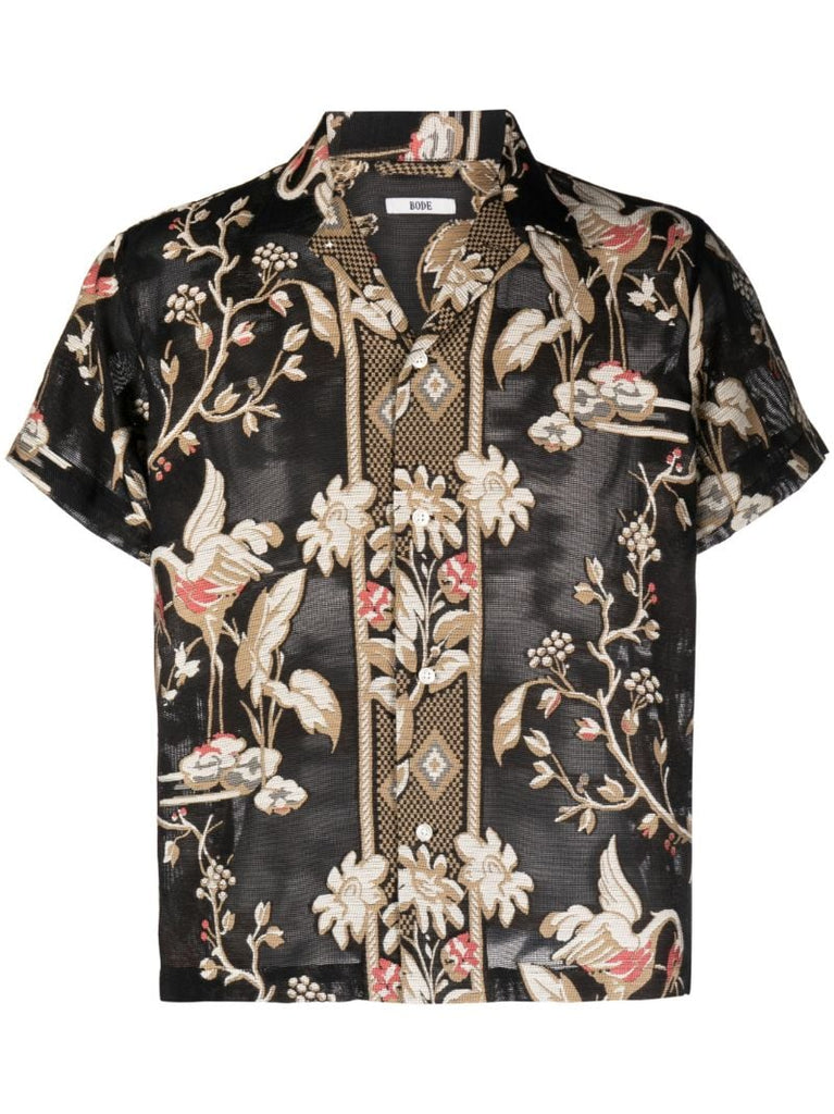 Black Botanical Pattern Semi-sheer Shirt