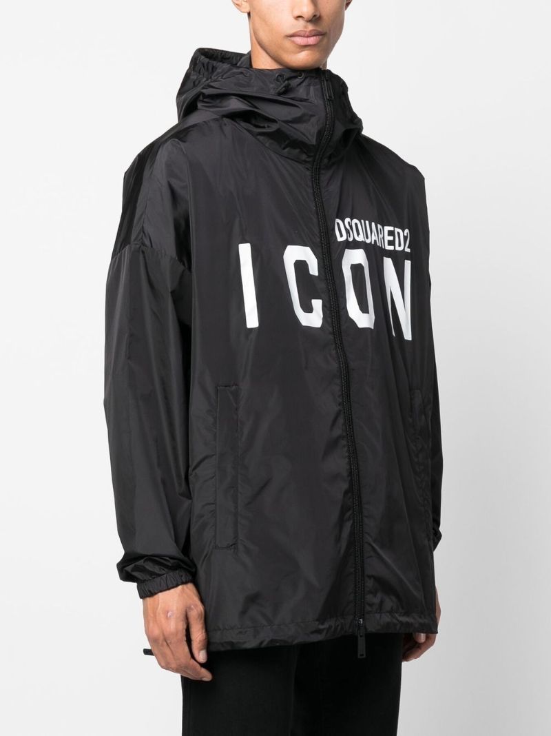 Black Icon Logo Print Hooded Coat