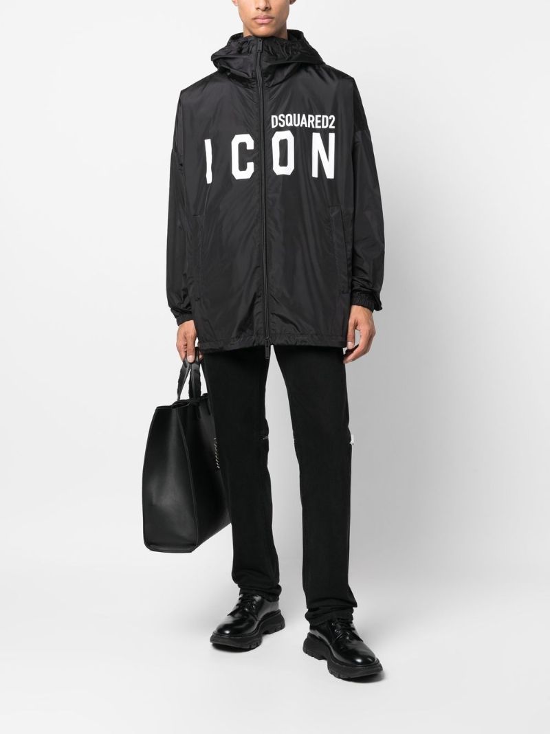 Black Icon Logo Print Hooded Coat