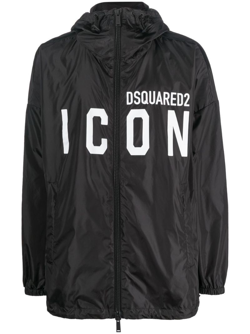 Black Icon Logo Print Hooded Coat